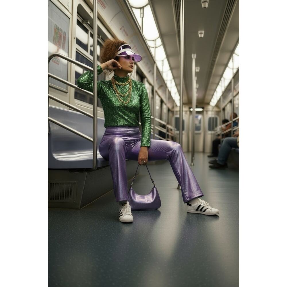 The Mighty Company Purple Metallic Shiny Flare Bell Bottom Pants Festival XL